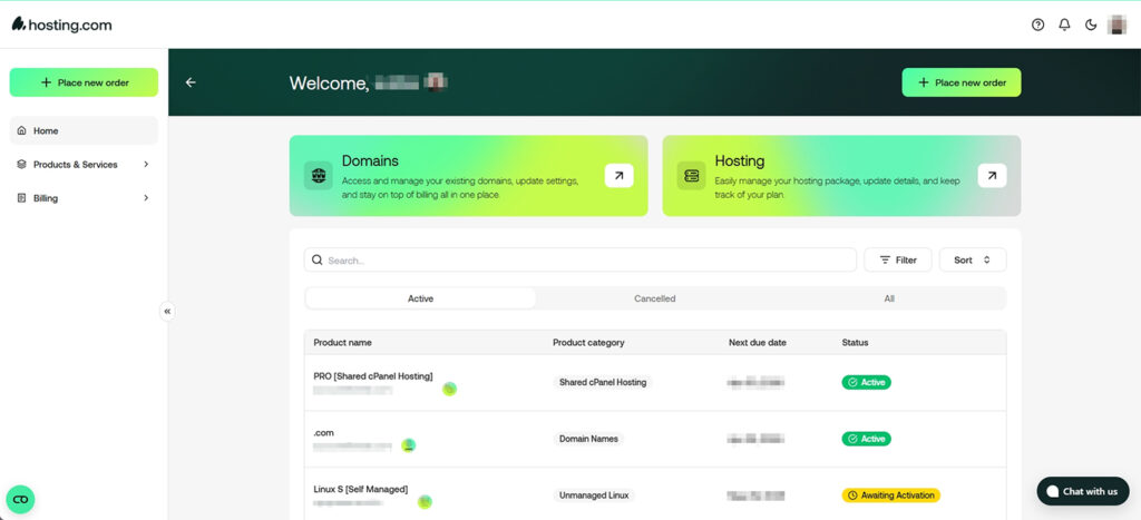 hosting.com Review Control Panel Home