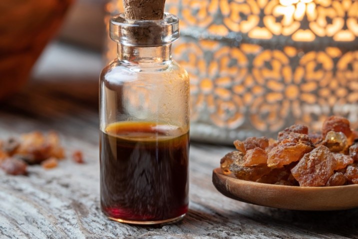 Myrrh resin and oil on a table
